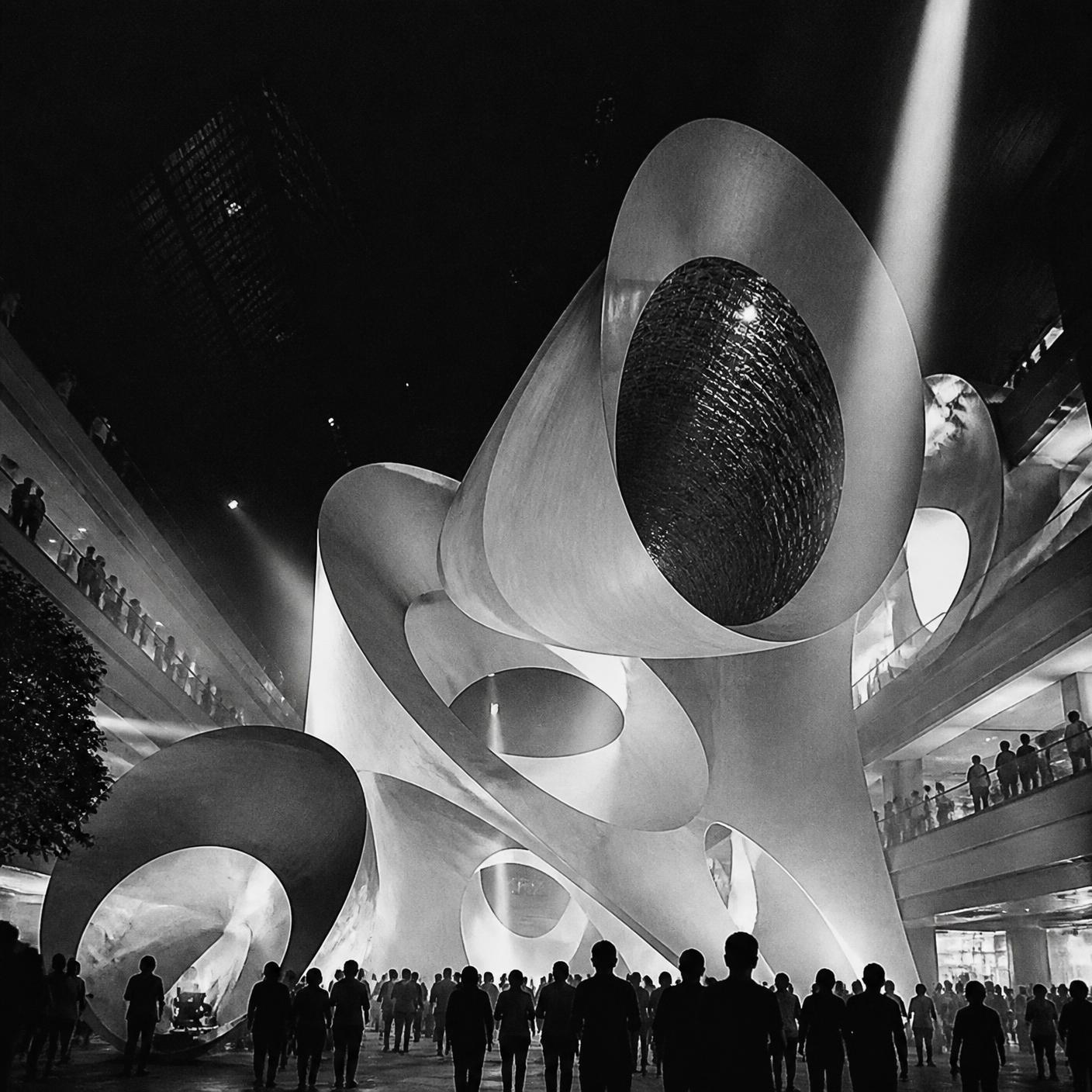 Large-scale custom activation installation lighting up a shopping centre atrium at night