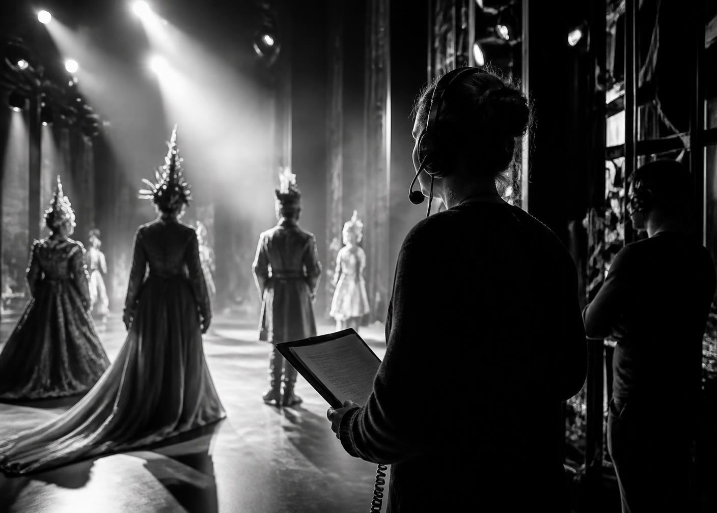 Stage manager watching costumed performers during a show rehearsal