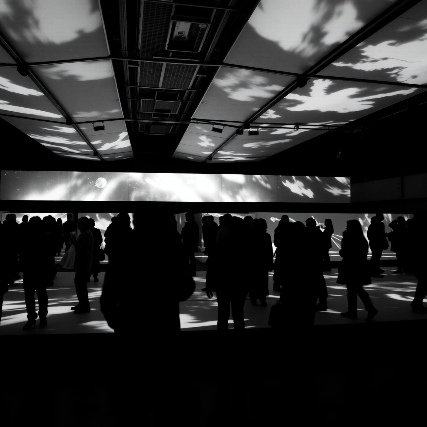 Visitors moving through a touring interactive exhibition