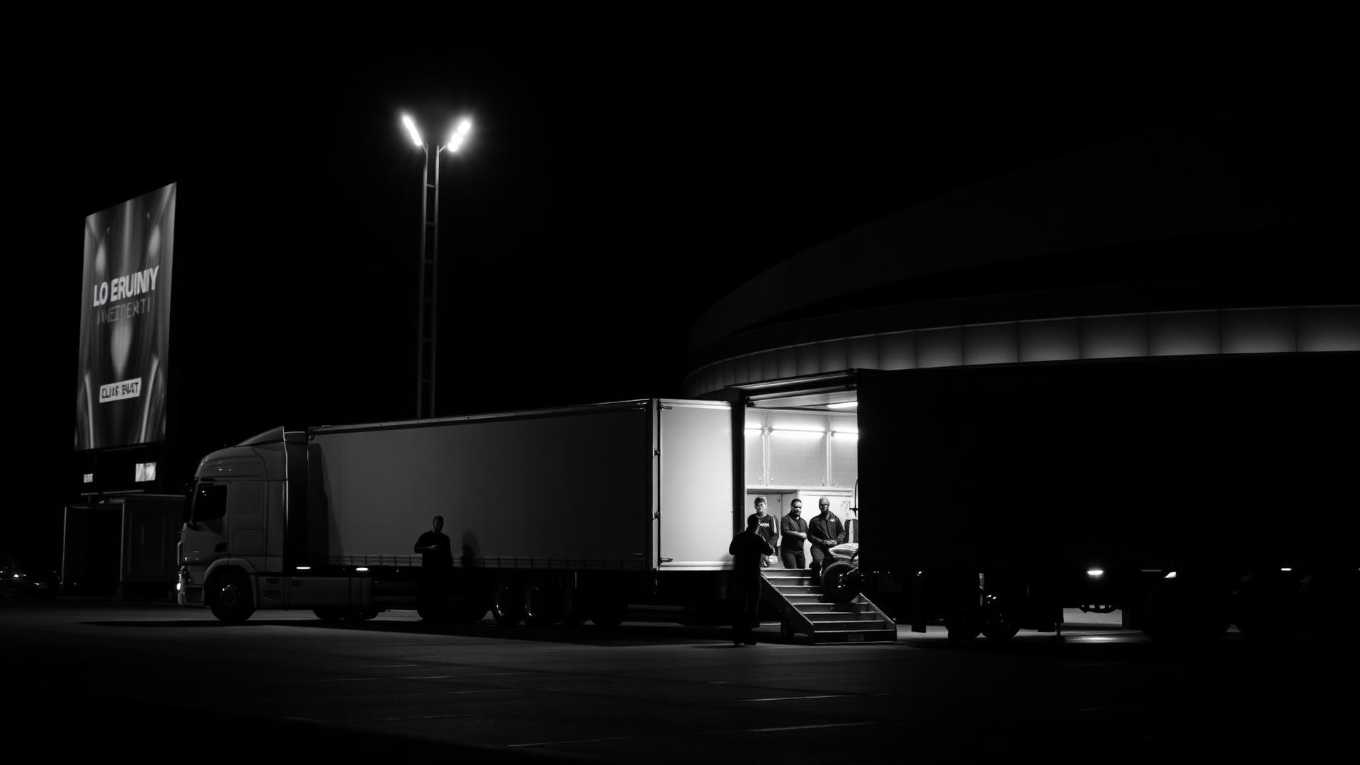Touring production trucks being unloaded at an arena at night