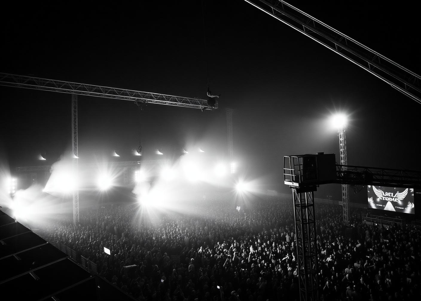 Aerial performer suspended from a crane above a night crowd