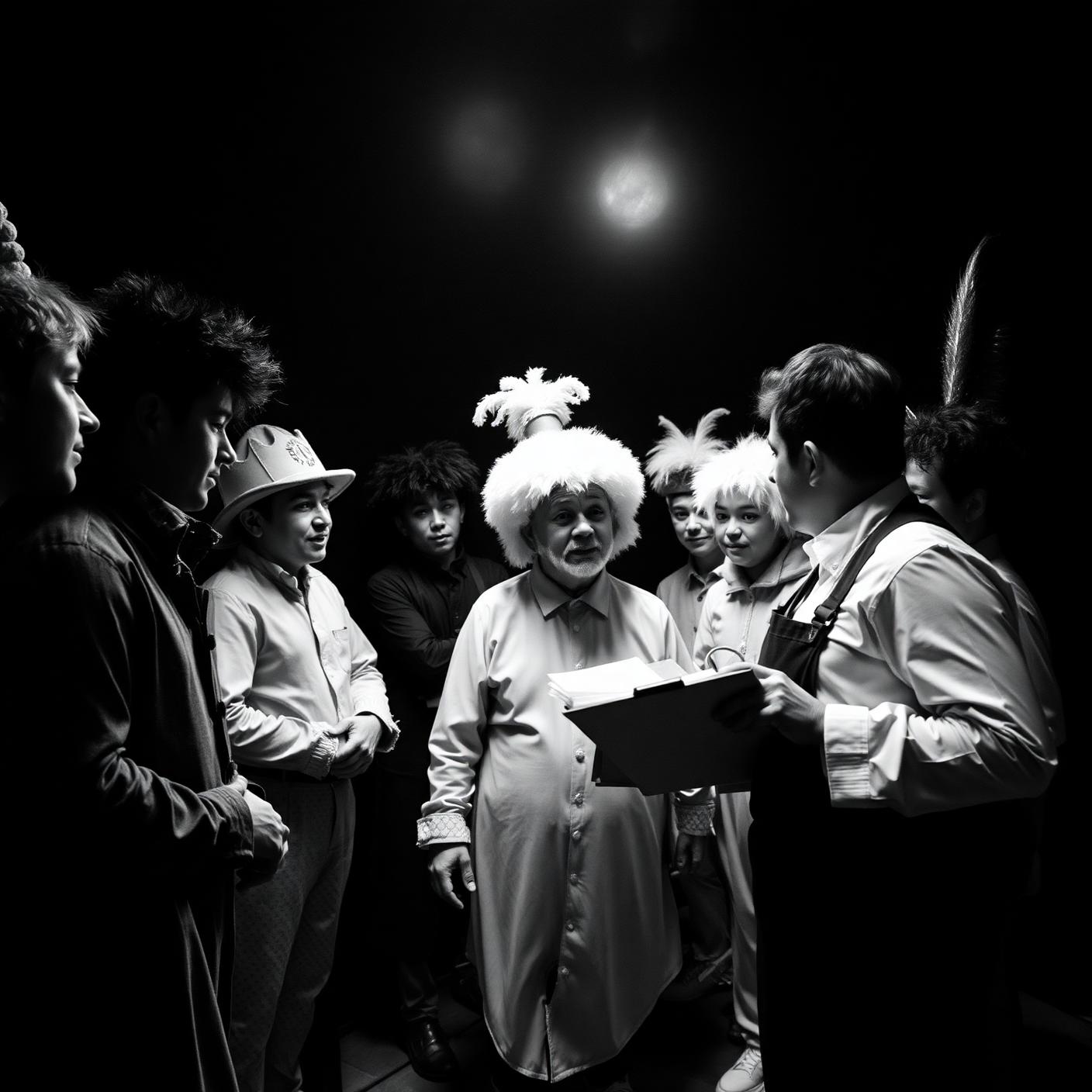 Entertainment team in costume being briefed backstage by a coordinator