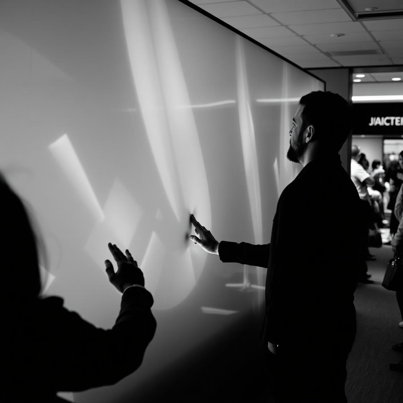 Visitors interacting with a large touchscreen activation wall