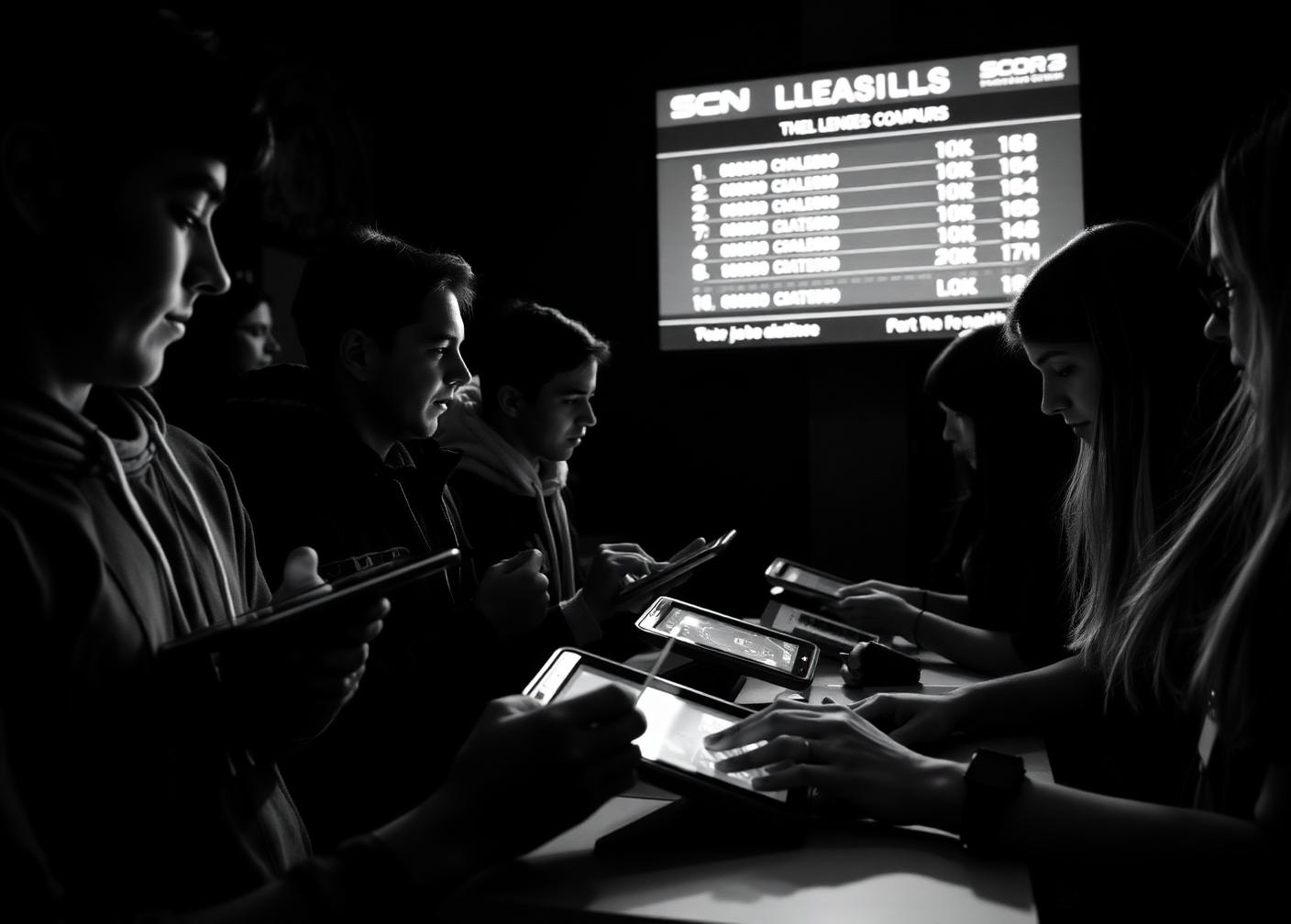 Participants competing on tablets with a live leaderboard behind them