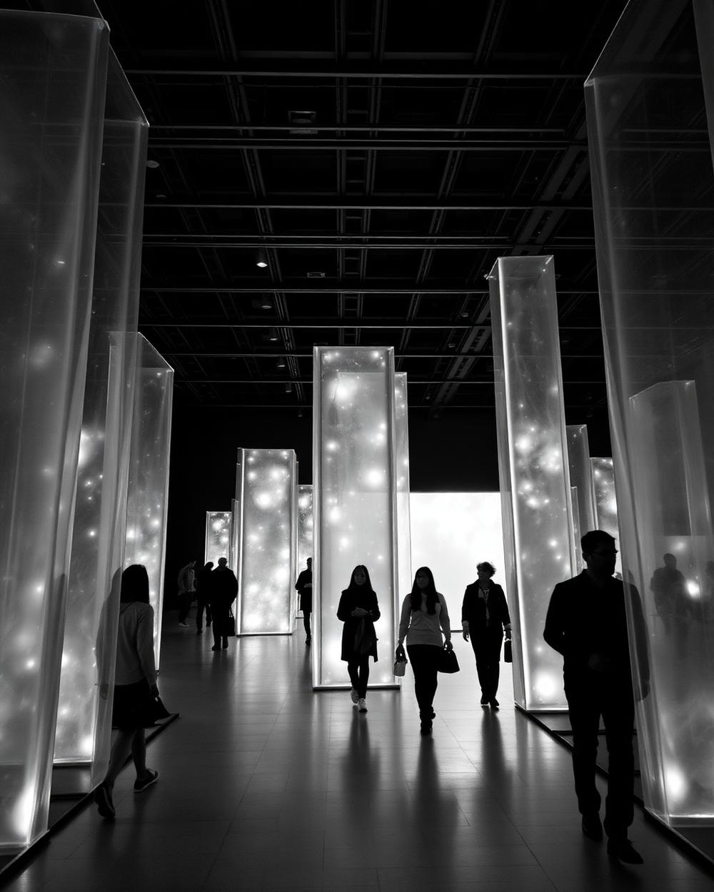 Illuminated structures inside a touring immersive exhibition