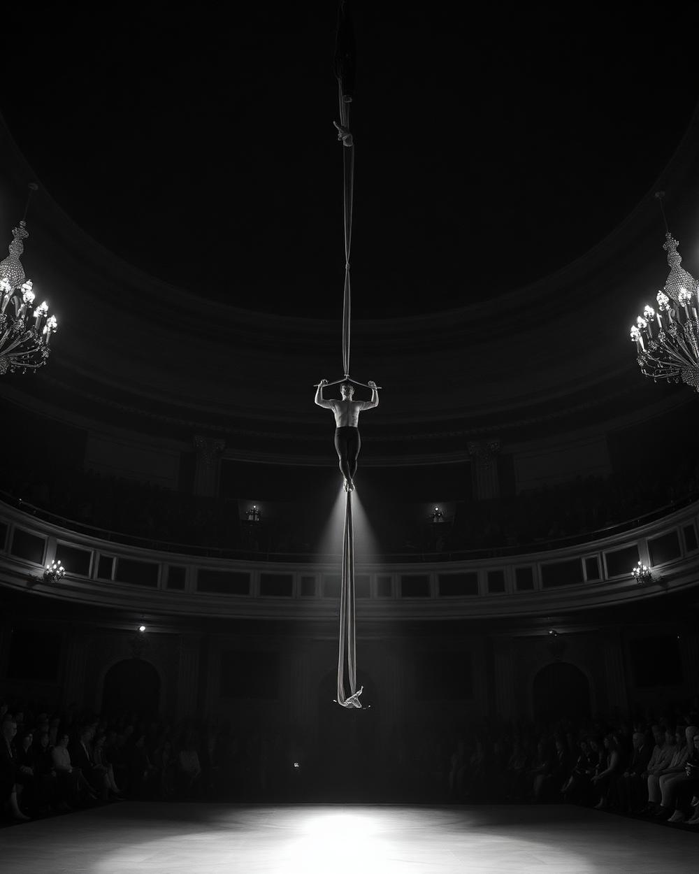 Aerial performer suspended above an audience in a grand venue