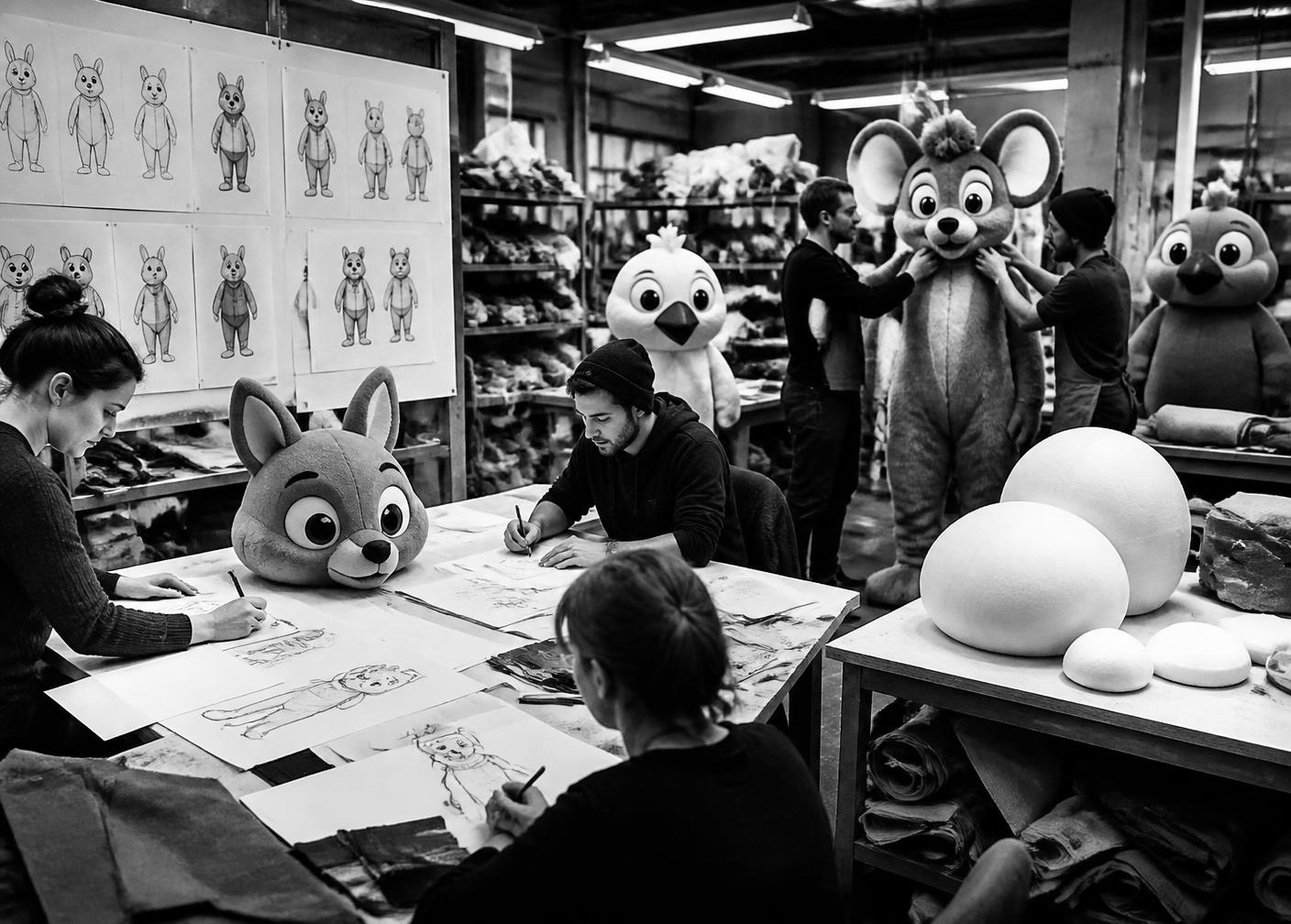 Designers and makers producing characters and costumes in a production workshop