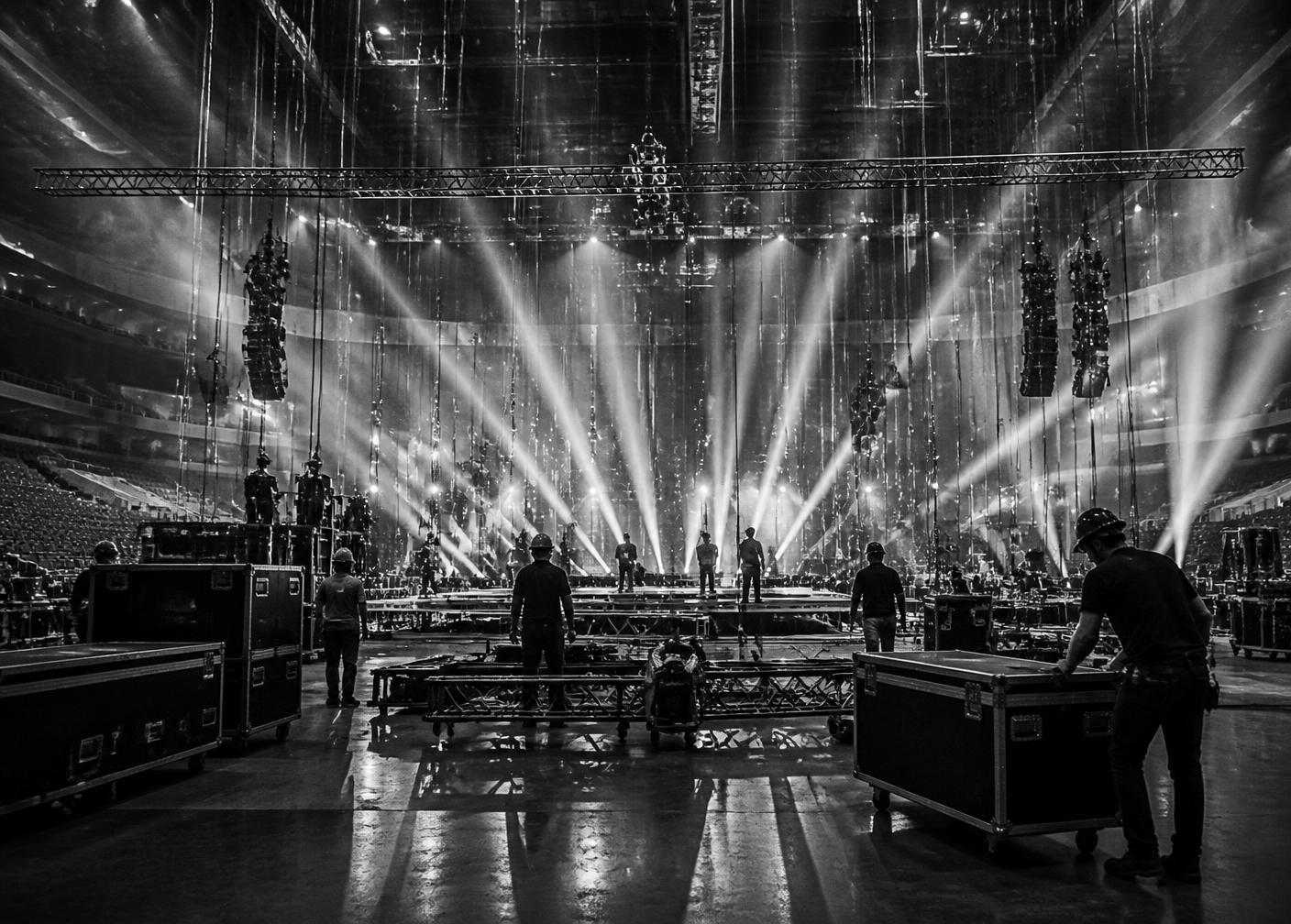 Production crew installing a large-scale live show in an arena
