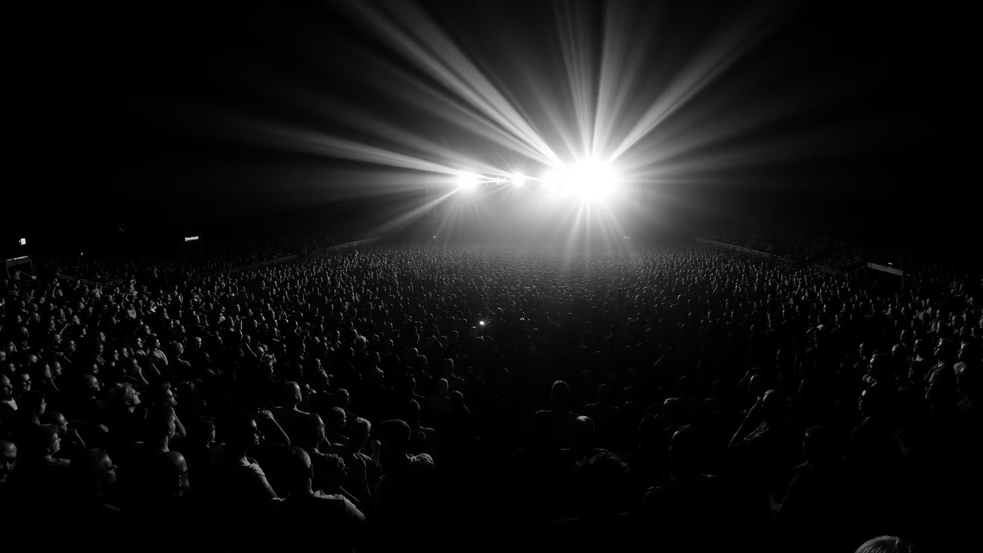 Audience silhouetted against stage lights at a large-scale production